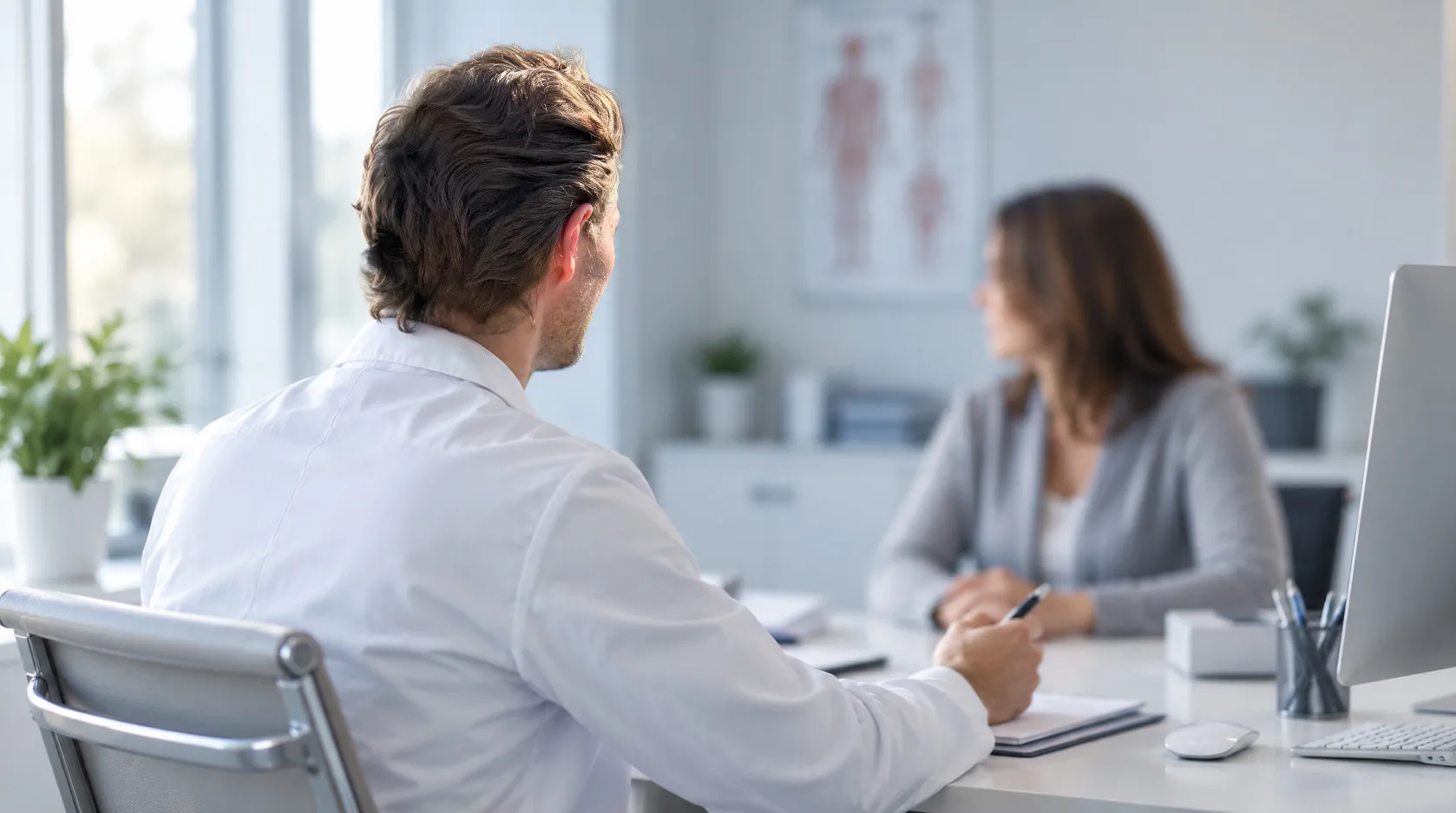 Dr. med. René Raboch im Gespräch mit einer Patientin an einem hellen Tisch
