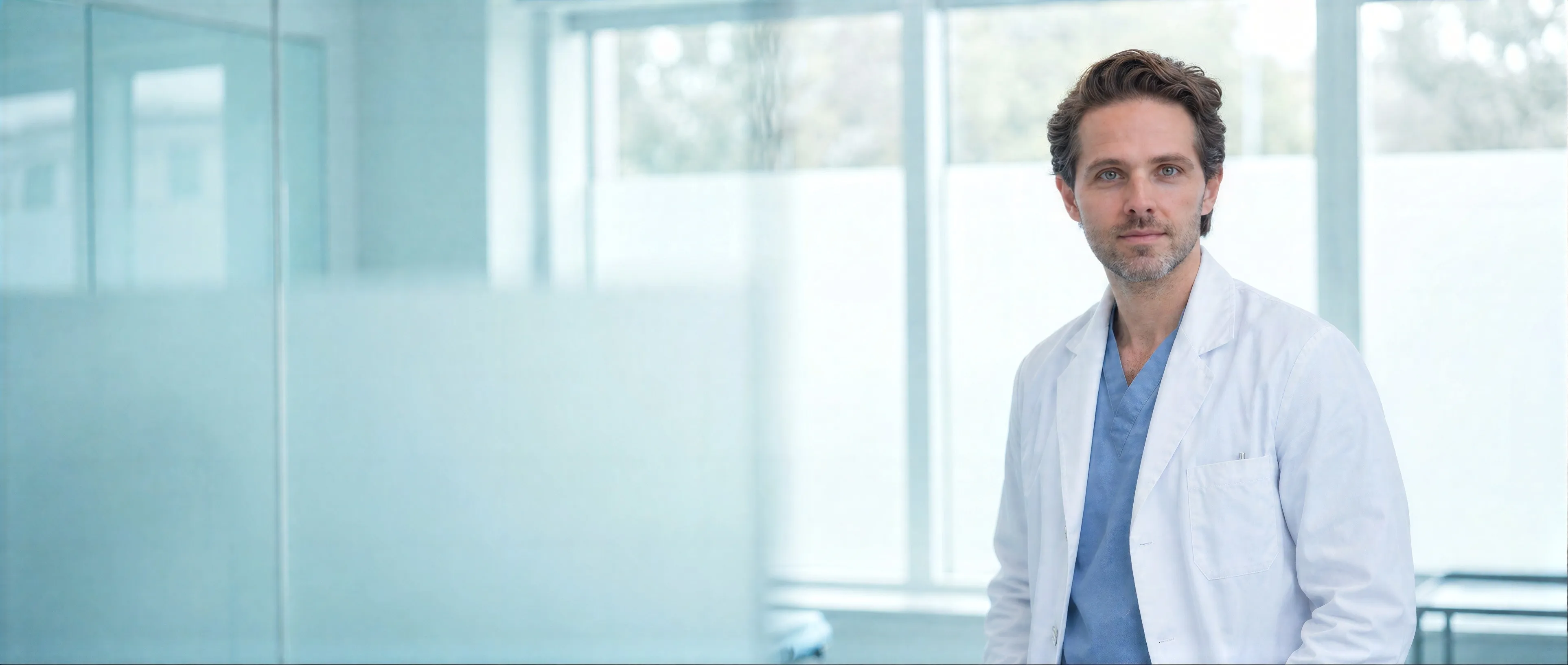 Dr. med. René Raboch im weißen Kittel in einem lichtdurchfluteten Behandlungsbereich